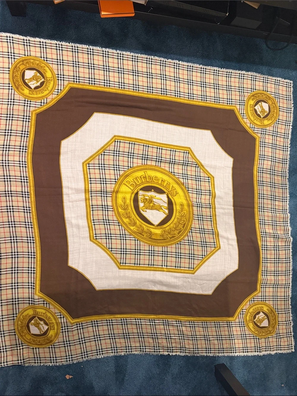 Burberry Brown, Yellow and Cream Plaid Logo Silk Scarf